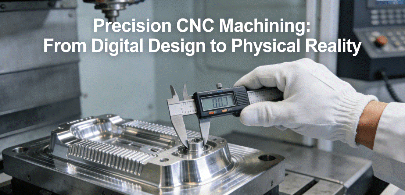 From Digital Design to Physical Parts How to Bring Your Complex Ideas to Life with CNC in Just One Day 1 Engineer verifying the dimensions of a precision-machined aluminum part using a digital caliper on a CNC machine bed.