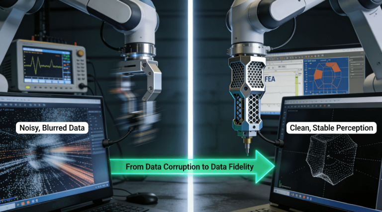 A split-screen visual comparison inside a robotics lab. The left side shows a robot arm with a conventional mount causing severe motion blur in LiDAR point clouds and camera images. The right side shows the same robot with a precision, topology-optimized CNC mount, delivering crisp, stable sensor data, illustrating the direct impact of physical design on data integrity.
